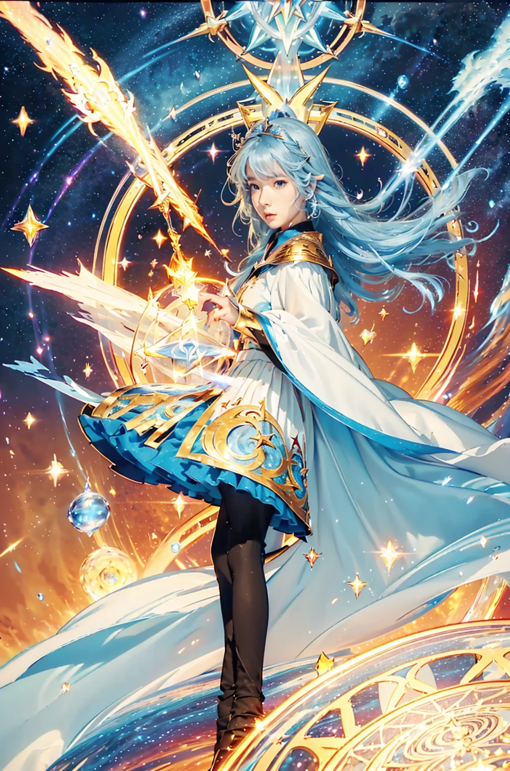 best quality,masterpiece,16,000,3 women, 3 men, Aurora,blue eyes,blue hair,star자리,star자리 print,diffraction spikes,dress,Robe,earring,earth \(planet\),flame,Galaxy,glitter,have,bijouterie,light particles,beam,Light trail,long hair,Energy Circle,Magic진,Concentric circles,long sleeves,Magic,Magic circle,Galaxy수,night,night sky,planet,shooting star,sky,alone,space,flame,flame background,star \(sky\),star \(symbol\),starry background,starry sky,starry sky print,very long hair,wing,Short hair