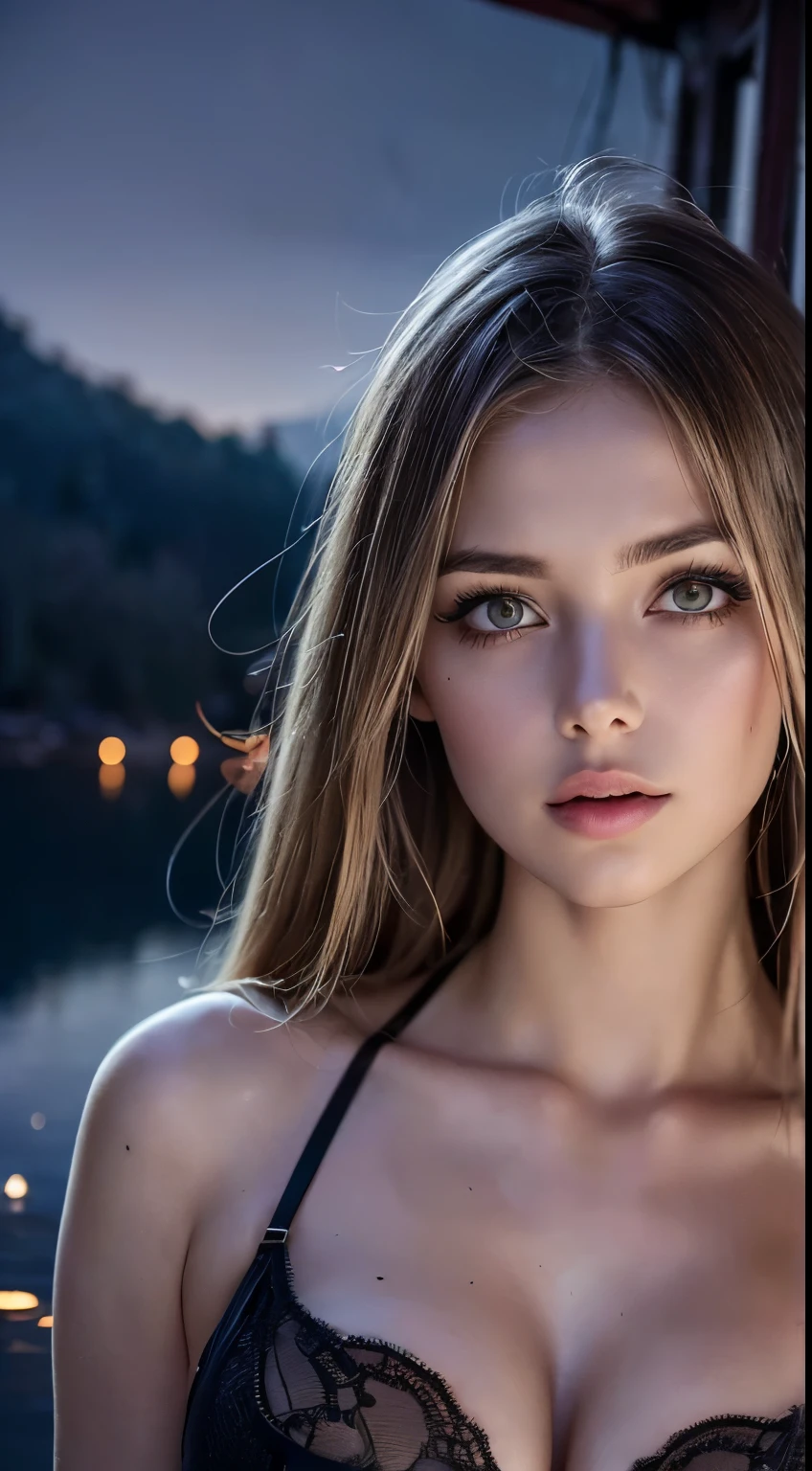1girl, Beautiful, Amazing face and eyes, makeup, (extremely detailed beautiful face), Blonde, (sexiest look), (Beautiful big breasts), (lace bra:1.5), (Best Quality:1.4), (Ultra-detailed), (extremely detailed CG unified 8k wallpaper), Highly detailed, RAW Photos, Professional Photography, Outdoors, (pitch black night, lake at night, surroundings pitch black, mysterious landscape:1.5), Sitting, (Spread your legs), (A strange, dilapidated ghost ship with no lights floating on the lake:1.5), (In the background is a super-huge ghost ship that is dilapidated and unpopular.:1.5),