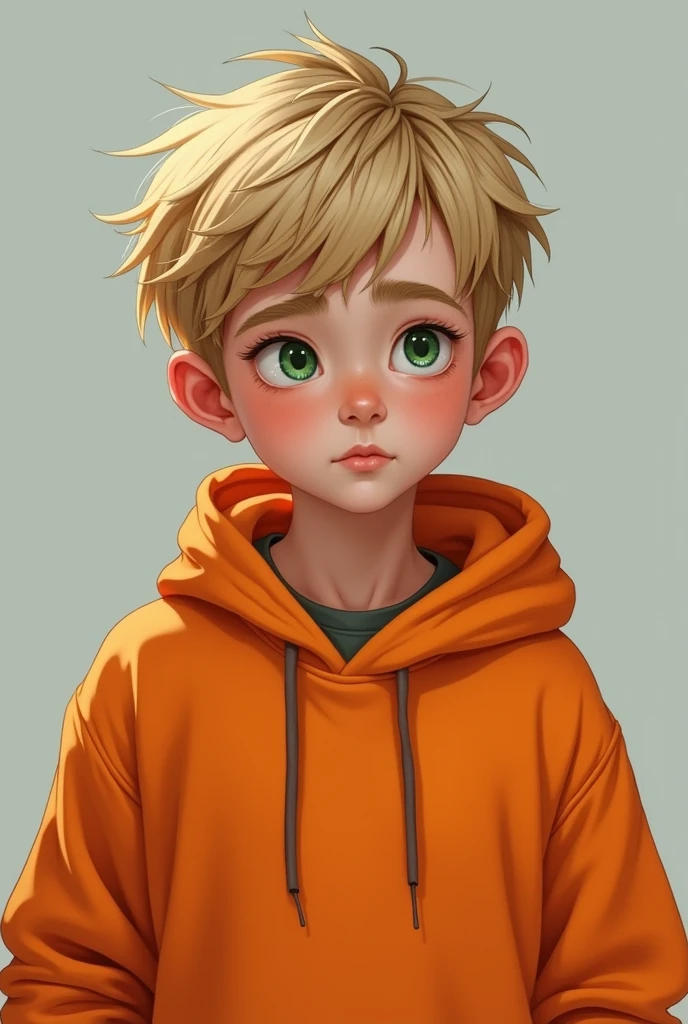 A boy drawn with very short blonde hair green eyes wearing an orange hoodie 