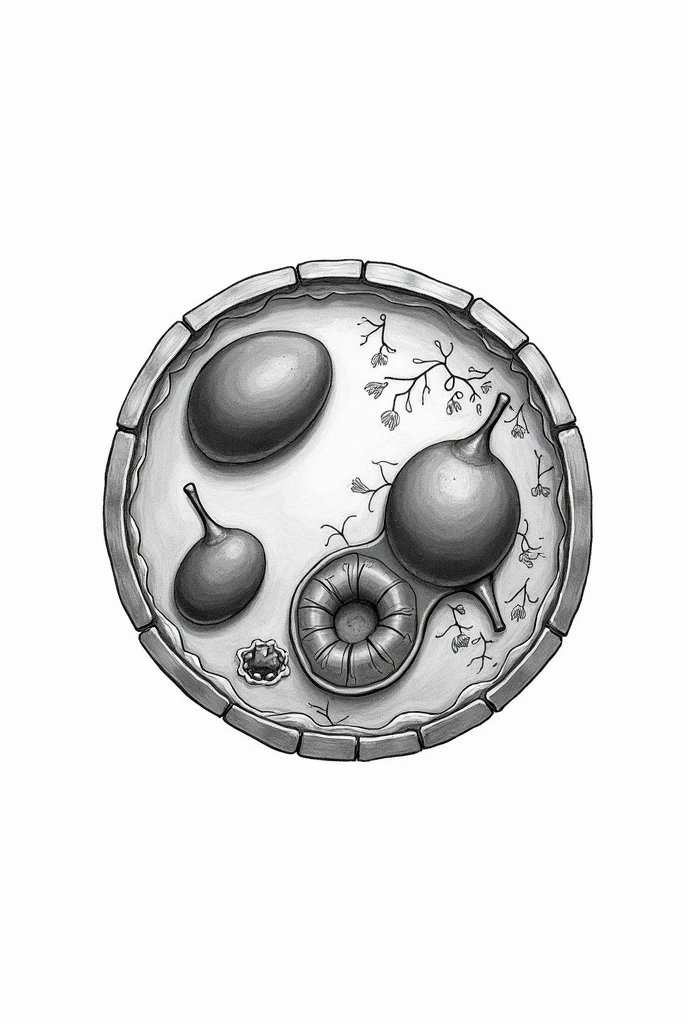 make a black and white schematic of a biological cell like a drawing, show the anther and other parts, white background, 2D, no labels, no text