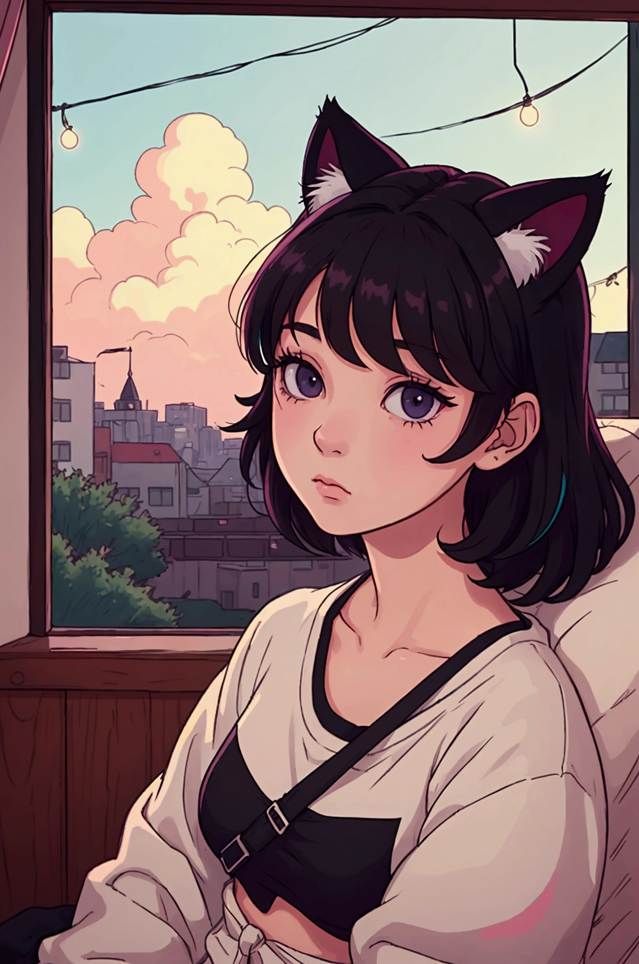 A girl with short black hair and cat ears, wearing dark clothes,with shiny hair with a relaxing atmosphere. She is a little further away, with a view of her from the waist up, listening to music, and the detailed and vibrant colors, reflecting an 80s and 90s anime aesthetic, mixed with a touch of Fujifilm aesthetics. The girl has beautiful eyes, and the entire composition is in 4K, capturing the lofi aesthetic with a soft and tranquil atmosphere.