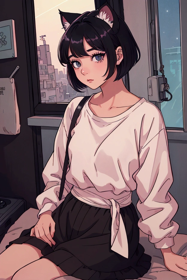A girl with short black hair and cat ears, wearing dark clothes,with shiny hair with a relaxing atmosphere. She is a little further away, with a view of her from the waist up, listening to music, and the detailed and vibrant colors, reflecting an 80s and 90s anime aesthetic, mixed with a touch of Fujifilm aesthetics. The girl has beautiful eyes, and the entire composition is in 4K, capturing the lofi aesthetic with a soft and tranquil atmosphere.