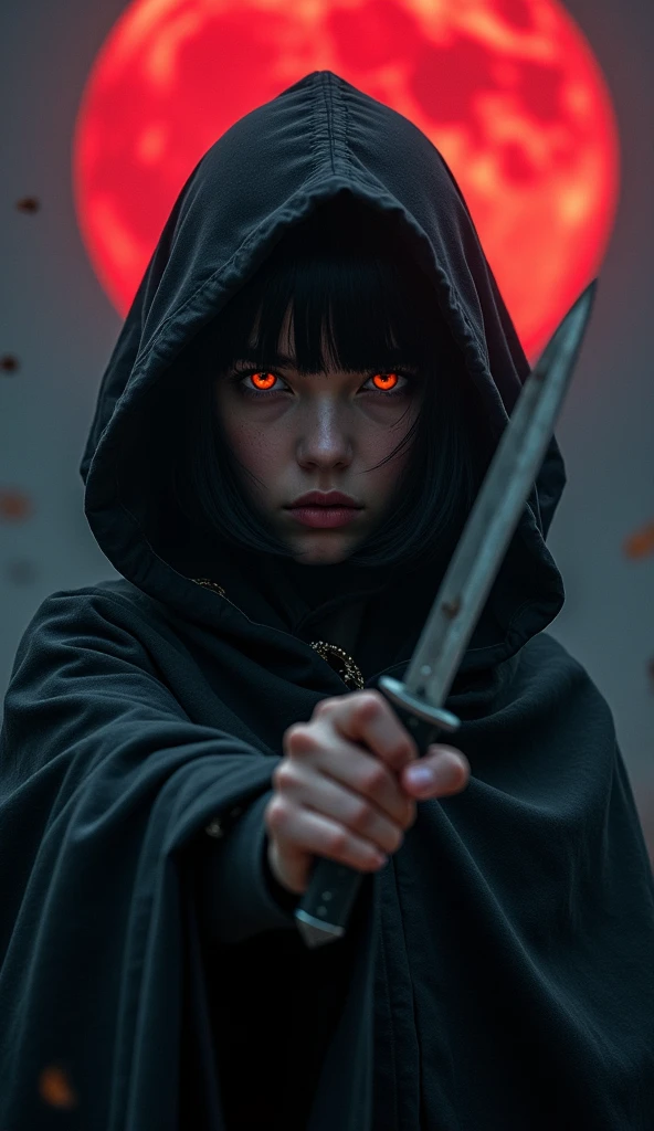 girl assassin in cloak, holding a knife, eyes orange glowing, bob haircut, black hair, realistic style, professional photo, RAW photo, upper body, dark sky blood moon background