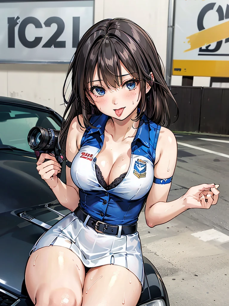 ((Highest quality)), ((masterpiece)), (detailed), One person,Age 25,Race Queen,model,(Sit on the hood of a car),(White mini skirt),(Blue top),(Open the buttons on your shirt),Navel exposed,Big Breasts,blush,Underbust,(Her cleavage is visible),(Excited expression),(Captivating look),Several men with cameras,(modelの女の子を囲みます),(Excited Men).Browsing Caution,sexy,(Put your hands together)Sweat,(Black garter belt),(Move your tongue up and down),