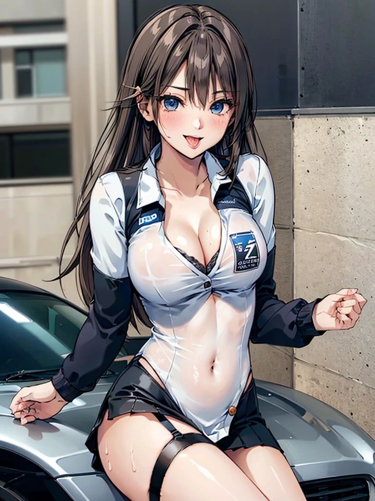 ((Highest quality)), ((masterpiece)), (detailed), One person,Age 25,Race Queen,model,(Sit on the hood of a car),(White mini skirt),(Blue top),(Open the buttons on your shirt),Navel exposed,Big Breasts,blush,Underbust,(Her cleavage is visible),(Excited expression),(Captivating look),Several men with cameras,(modelの女の子を囲みます),(Excited Men).Browsing Caution,sexy,(Put your hands together)Sweat,(Black garter belt),(Move your tongue up and down),