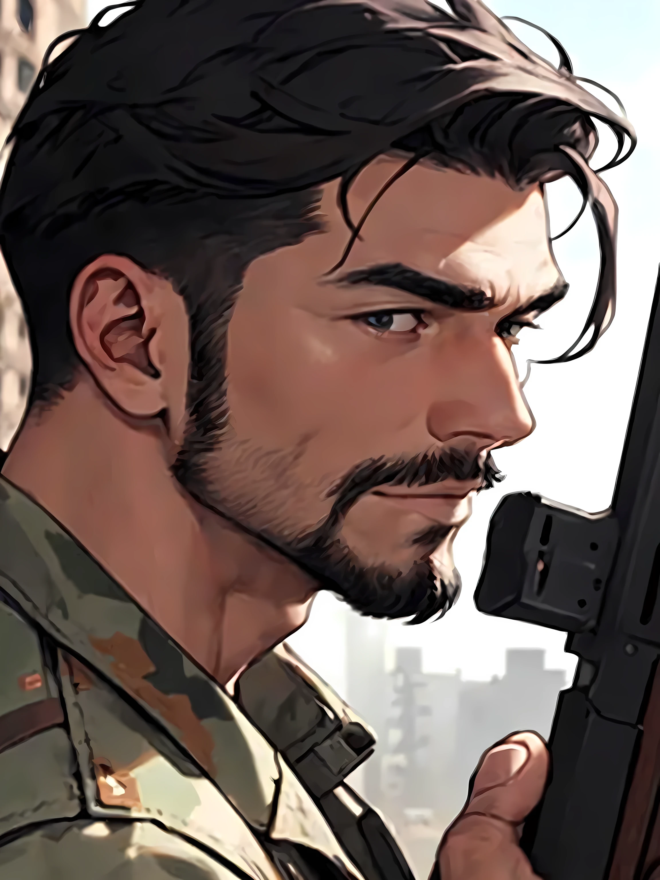 A close up of a soldier holding a rifle, ruined building, handsome man, close up, close-up, facial hair, white-asian, ((best quality, 8k, master part:1.3)), best quality, master part, ultra high-resolution