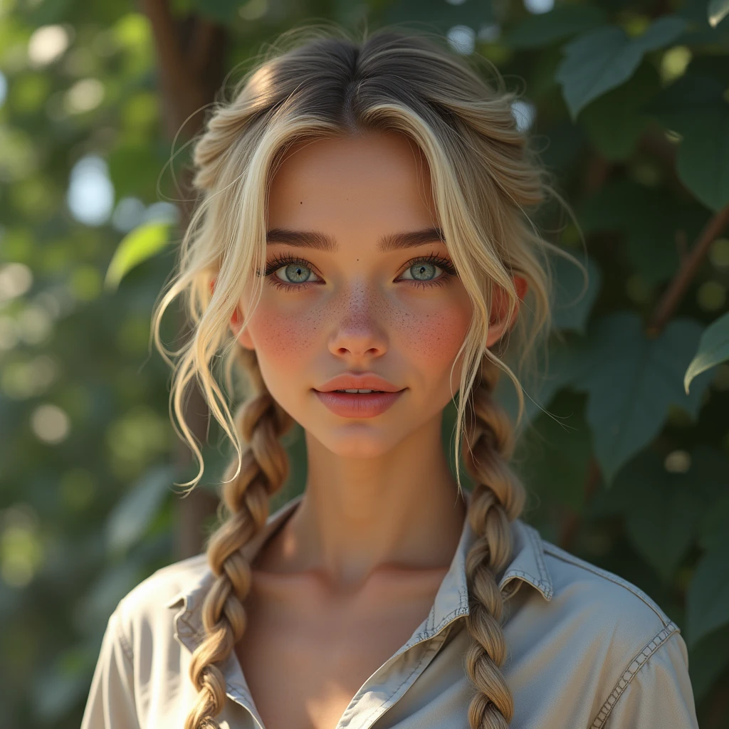 score_9, score_8_up, score_7_up, score_6_up,
(Photorealistic, real photo, realistic),
1girl, 18yo, beautiful cute face,
blonde hair, braids,
ice blue eyes, freckles, tan skin,
perfect medium breasts,
hips,
wearing button up shirt