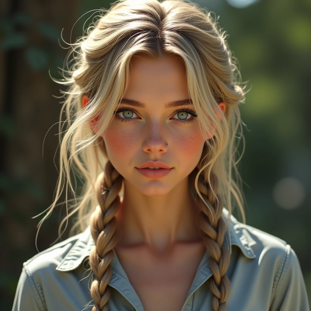 score_9, score_8_up, score_7_up, score_6_up,
(Photorealistic, real photo, realistic),
1girl, 18yo, beautiful cute face,
blonde hair, braids,
ice blue eyes, freckles, tan skin,
perfect medium breasts,
hips,
wearing button up shirt