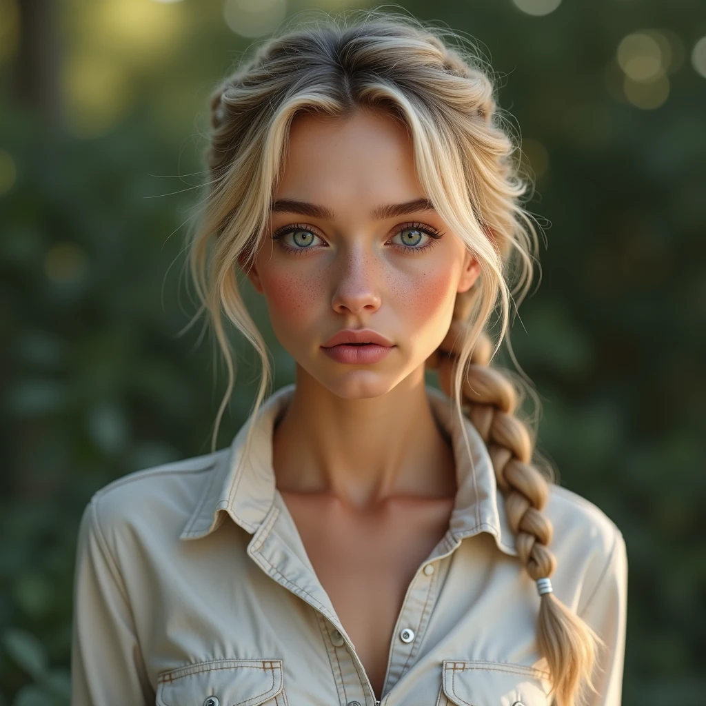 score_9, score_8_up, score_7_up, score_6_up, 
(Photorealistic, real photo,  realistic),  
1girl, 18yo, beautiful cute face, 
blonde hair, braids, 
ice blue eyes, freckles, tan skin, 
perfect medium breasts, 
hips, 
wearing button up shirt