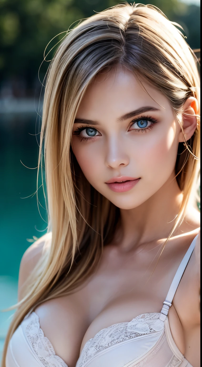 1girl, beautiful, amazing face and eyes, makeup, (extra fine beautiful face), blonde hair, (sexiest look), (beautiful big tits), (lace bra:1.5), (best quality:1.4), (super fine), (extra fine CG unified 8K wallpaper), high definition, RAW photo, professional photographer, outdoors, (Swiss lake, surrounding sunny, mysterious landscape:1. 5), 1girl, Beautiful, Amazing face and