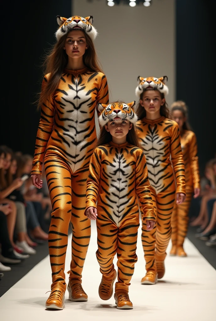 Excessive detail mother, daughter and boy dressed as tigers walking in a fashion show just like in real life
