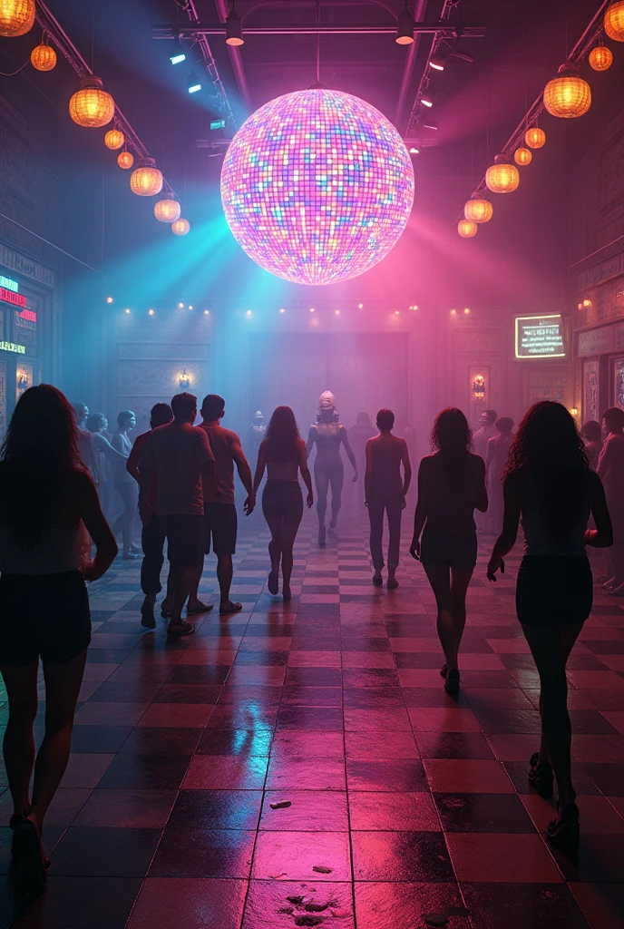 Disco with large dance floor and colorful light ball, an abandoned pizzeria with doors nailed shut with wood, with killer animatronics