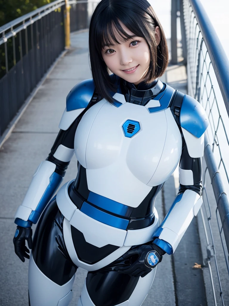 Japanese female android,Black Hair,White and blue robot suit,Plump,Looking down from a bridge over a valley,smile,