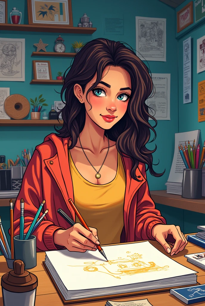 Generate a comic that talks about the subject of illustration, but with a woman 