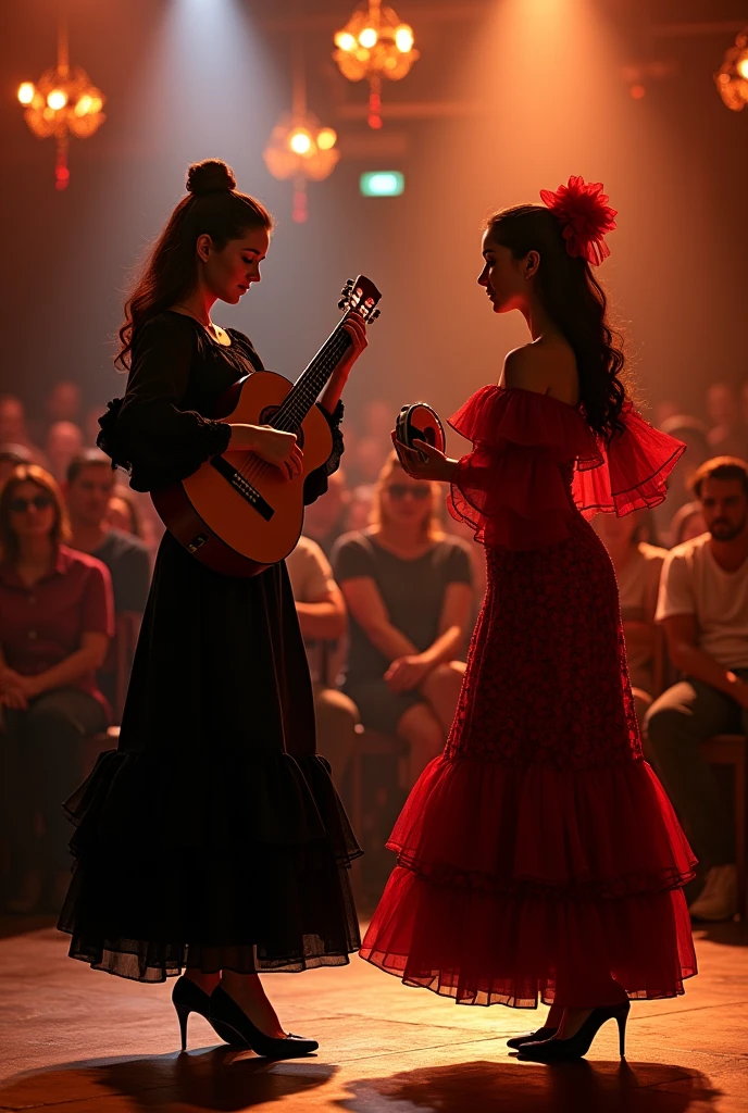From audience view, finish dance, 2 girls bowed deeply to the audience ,from stage , 1 girl is A Spanish beautiful girl, girl, she is 18-age, (dark brown hair , brown eye, middle curl hair, little smile ), (tradition Black Spanish dress and skirt ,flamenco guitar, hi-heal ), ,another girl is 22-age,(traditional red dress and skirt with tambourine), in Madrid night bar, on chair, many listener, spotlighting ,(super detail, high details, high quality, accurate, anatomically correct, textured skin, beautiful fingers super detail, high details, high quality, best quality)