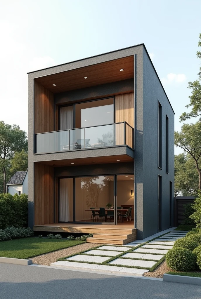 Create an image of a two-story house measuring 7 meters wide by 6 meters high., a balcony on the top, a 3-leaf sliding door on the lower part, gray colors, Wood, spots on the balcony. 