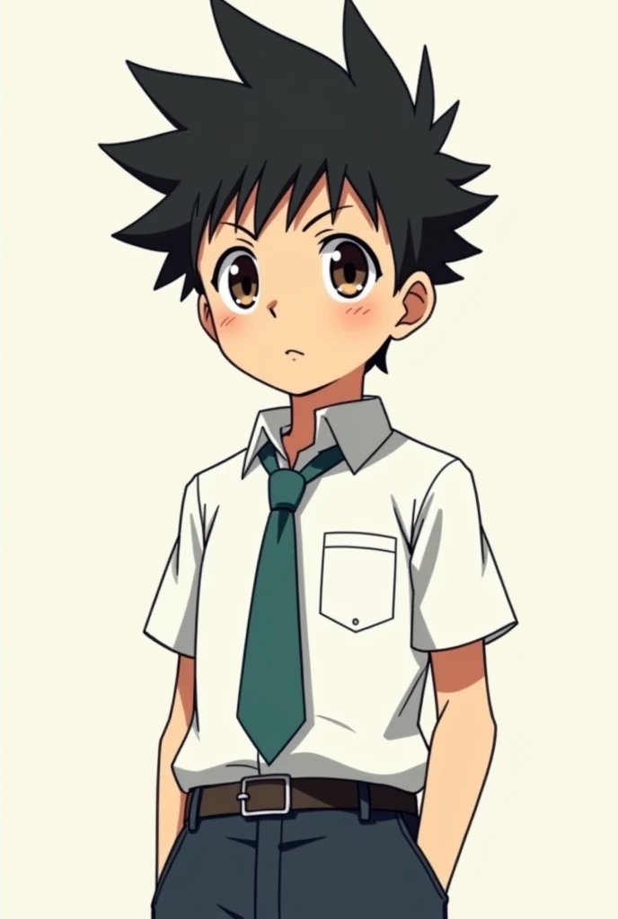 A boy,anime style,black hair with elevated mushroom hair style, with school outfit, brown eyes,