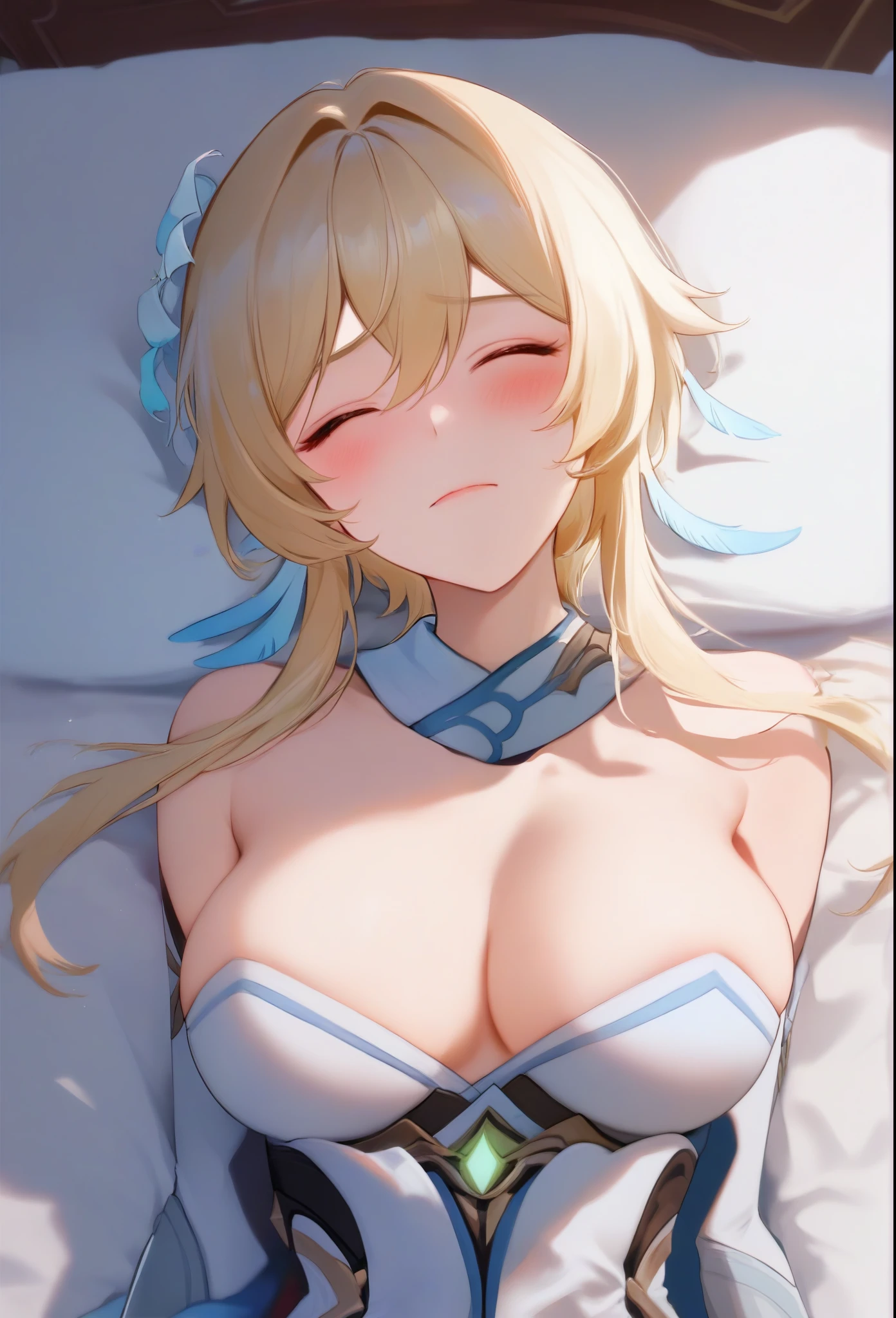 score_9, score_8_up, score_7_up, high quality ,masterpiece ,best quality ,rate_explicit ,Lying face up on the bed,In the bedroom,girl　,Cute Face, closed eyes ,((Feeling embarrassed)),mouth_scream , large breast ,blond hair ,Beautiful Skin, character_Lumine_Genshin Impact ,手でシーツを掴む,nsfw ,手を上に上げる