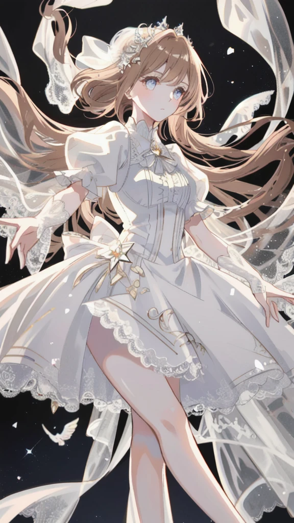 Extreme detail, high quality, elegance, long eyelashes, light chestnut hair, white dress, lace short sleeves, white ballet shoes, delicate face, {extreme sophistication and beauty}, {exquisite finish}, delicate glowing eyes, cinematic light, extreme light effect