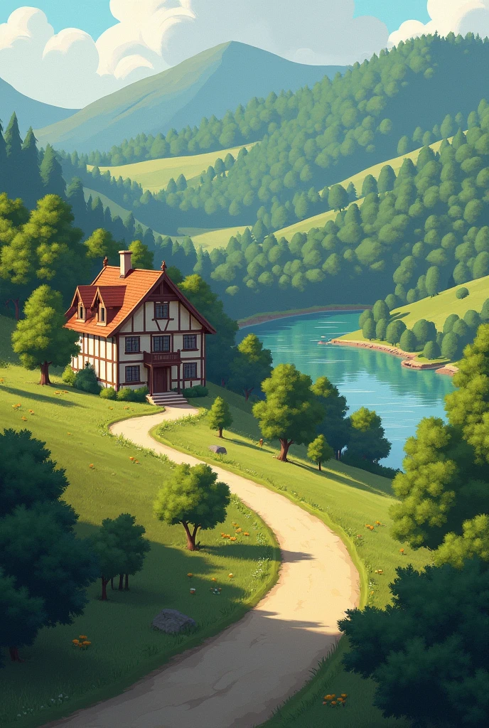 A country house with a road with a river going downhill on the other side of the river the apiary cannot be seen because of the forest, more forest
