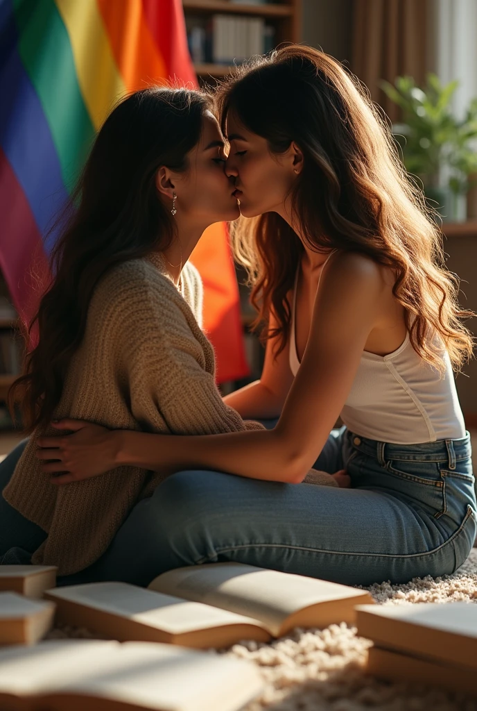 Duas jovens kissing, textbooks, pride flag. two brunettes. Sitting on the floor on a plush rug. kiss, kissing.
