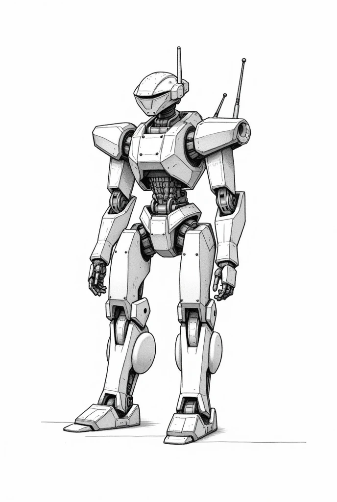 make a black and white schematic of a robot like a drawing, show the anther and other parts, white background, 2D, no labels, no text

