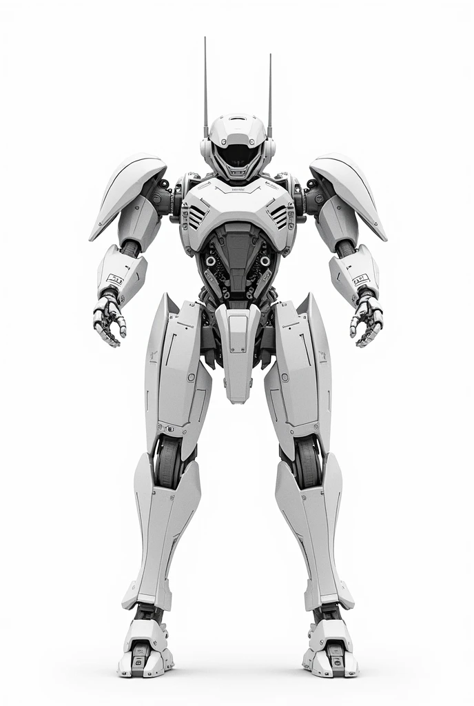 make a black and white schematic of a robot like a drawing, show the anther and other parts, white background, 2D, no labels, no text
