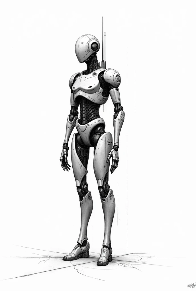 make a black and white schematic of a robot like a drawing, show the anther and other parts, white background, 2D, no labels, no text

