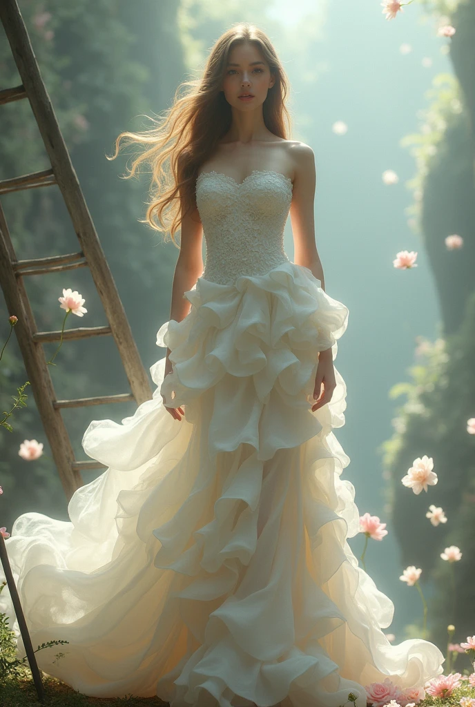 Rose,Rose瓣,Elegant temperament,Women,Lone ear,long flowing hair,Big breasts,露肩白色Rose婚紗裙,Ladder,Fantasy effect,