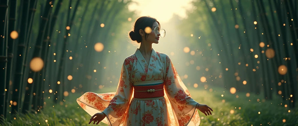 Summer Kimono,moonlight,lights,(Summer Festival,fiesta),firefly,bamboo forest,Face lens,Smile,Clogs