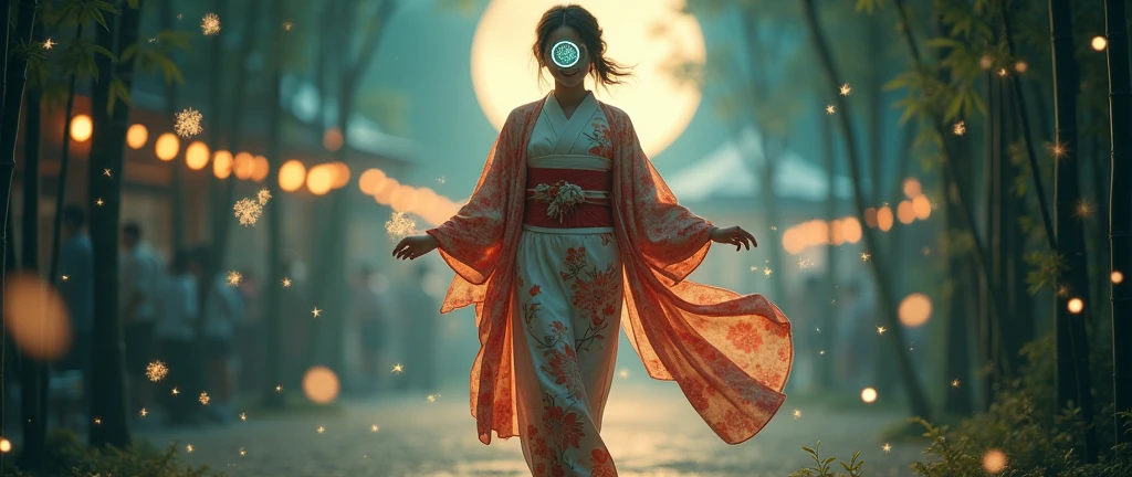 Summer Kimono，moonlight，lights，(Summer Festival，fiesta)，firefly，bamboo forest，Face lens，Smile，Clogs