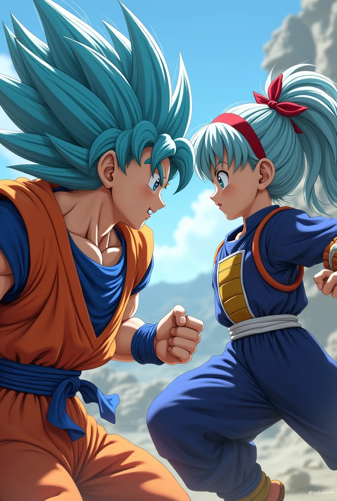 They are goku, goku. against his daughter Bura, right, Dragon Ball GT Bura, girl with light blue hair, blue eyes, dark blue suit, typical armor used by Saiyans, loose hair, bangs, father and daughter, red headband, hair clips