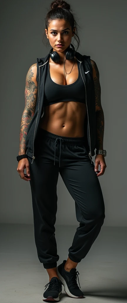Muscular girl full of tattoos busty wearing track suit sexy face and smile, Indian female, age 33, 38D cup breasts, huge round boobs, sweaty body, super muscles and ripped shredded physique defined arms and biceps, wearing Nike gym outfit, jacket and tracks with shoes, wearing headphones around neck, full body length photo looking straight at the camera full body length. 4k HD.