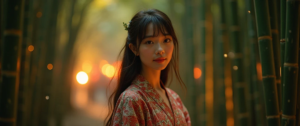 detailed detailed beautiful young woman wearing summer kimono, long brown hair, detailed face, big bright eyes, long eyelashes, detailed nose and lips, slight smile, standing in moonlit bamboo forest, fireflies glowing in the air, summer festival lights in the background, clogs on her feet, (best quality,4k,8k,highres,masterpiece:1.2),ultra-detailed,(realistic,photorealistic,photo-realistic:1.37),detailed intricate pattern on kimono, warm lighting, vibrant colors, cinematic composition