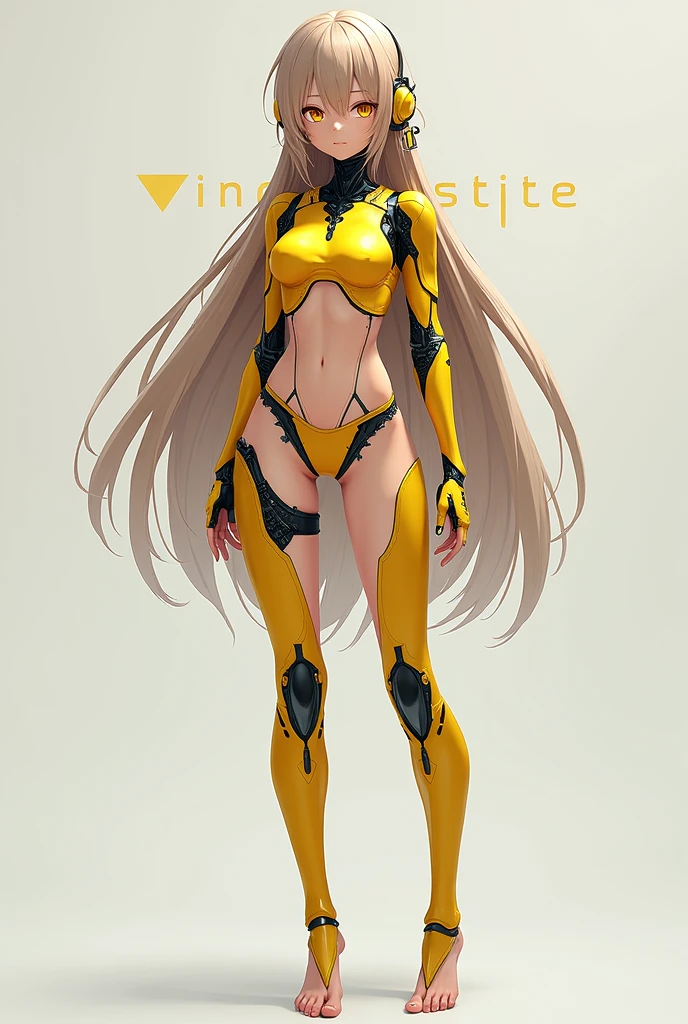Draw an anime girl, with yellow robotic elbow-length sleeves, yellow robotic body, yellow thigh high robotic stockings, that part from the thigh up is meat, without shoes, long light brown hair, with yellow eyes, with robotic audiophone, and a black robotic neck, that everything has black details 