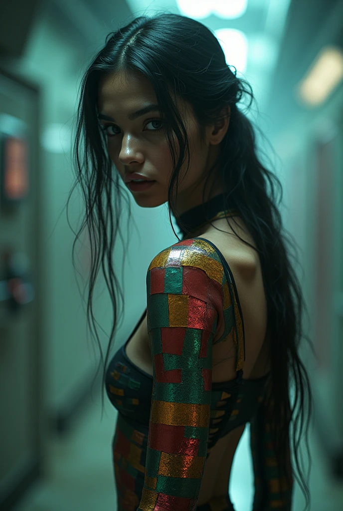 editorial photography,super detailed background,Super realistic,double exposure,depth of field,beauty cute super slender skinny crazy sadist vides,soft_focus dark tone,narrative scene,brutal_gaze,jade_eyes,indian,full-body portrait,multicolored metallic patchwork full body plug suit,sci-fi,giggle,from behind,
