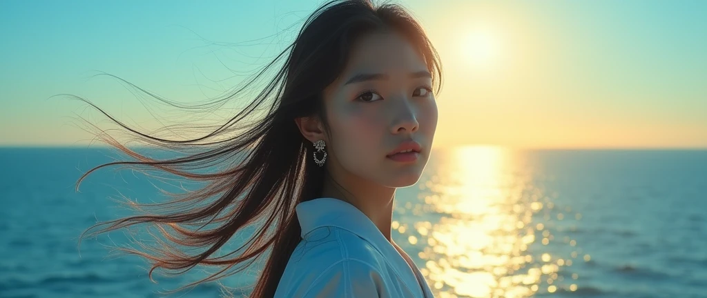 Clear day, breathtaking silhouette of young beautiful face with shining transparent features, looking directly into camera, vast blue sea, golden horizon, typography, large "SeaArt" text in gradient in the center (Best quality, 8k, High resolution, Masterpiece: 1.2), Highly detailed (Realistic, Photorealistic, Realistic: 1.37), HDR, studio lighting, vivid colors, dramatic lighting,japanese woman