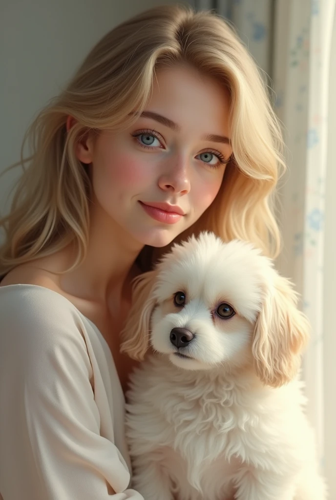 Blonde woman with medium hair and small white dog