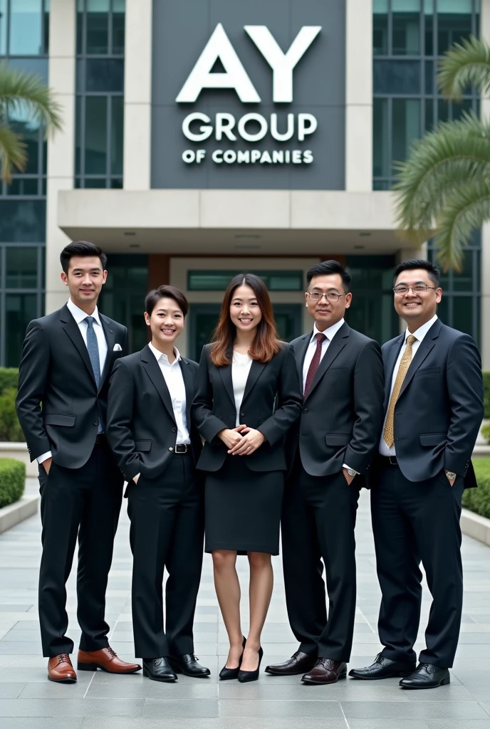 Make a high quality image, group photo of the AY Group of Companies, capturing the essence of its global presence and leadership. Envision a picturesque scene where the group stands in front of a beautiful building, showcasing its brand name and logo on the walls as a backdrop. The setting should exude professionalism with natural light and subtle textures to convey the student's perspective. Individual group members should be elegantly dressed in business attire, reflecting their educational backgrounds and professional experience. His attire should be a sleek business suit with a tie, embodying executive excellence and sophistication. The group should represent a diverse blend of nationalities, with people from various cultural and ethnic backgrounds, reflecting the diversity of its employees and the educational excellence within the organization