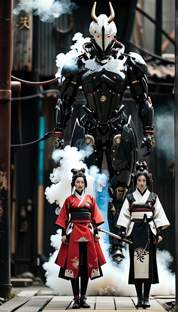 a samurai cyborg microchip group of people standing next to each other, yasuke px models, hone modern machinery geisha, ancient japanese samurai, female samurai, yokai samurai, japanese samurai, samurai with demon mask, smoke background ,katana.fan bing bing., ((steampunk style)), (mechanisms), fantasy, gear decoration, 4k ultra