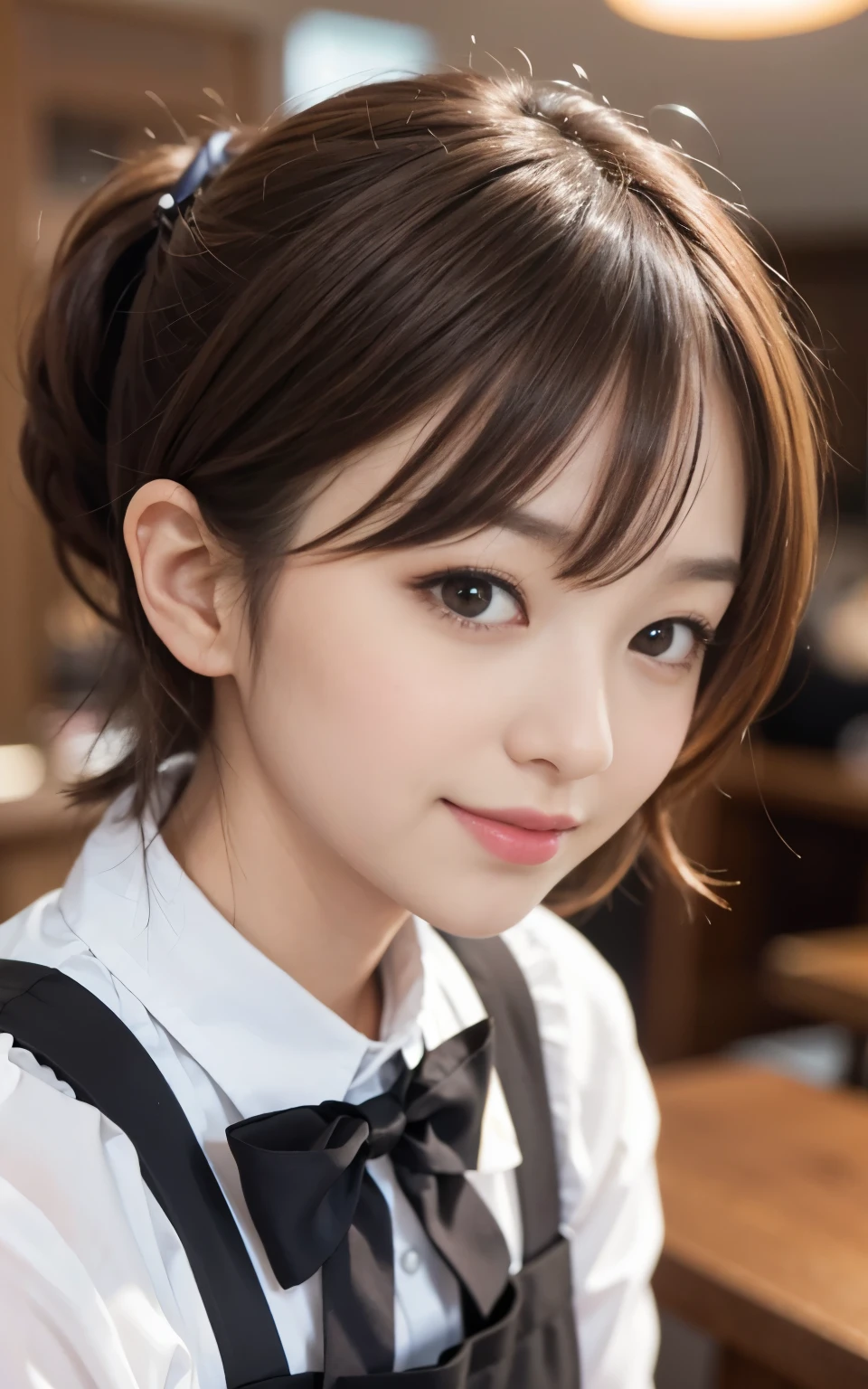 cute 2 japanese、apron, black bow tie、waitress、nice cafe、super detail face、pay attention to details、double eyelid、beautiful thin nose、sharp focus:1.2、Beautiful woman:1.4、(light brown hair,short hair、),pure white skin、highest quality、masterpiece、ultra high resolution、(Photoreal:1.4)、Highly detailed and professional lighting、nice smile、Please show me your whole body、