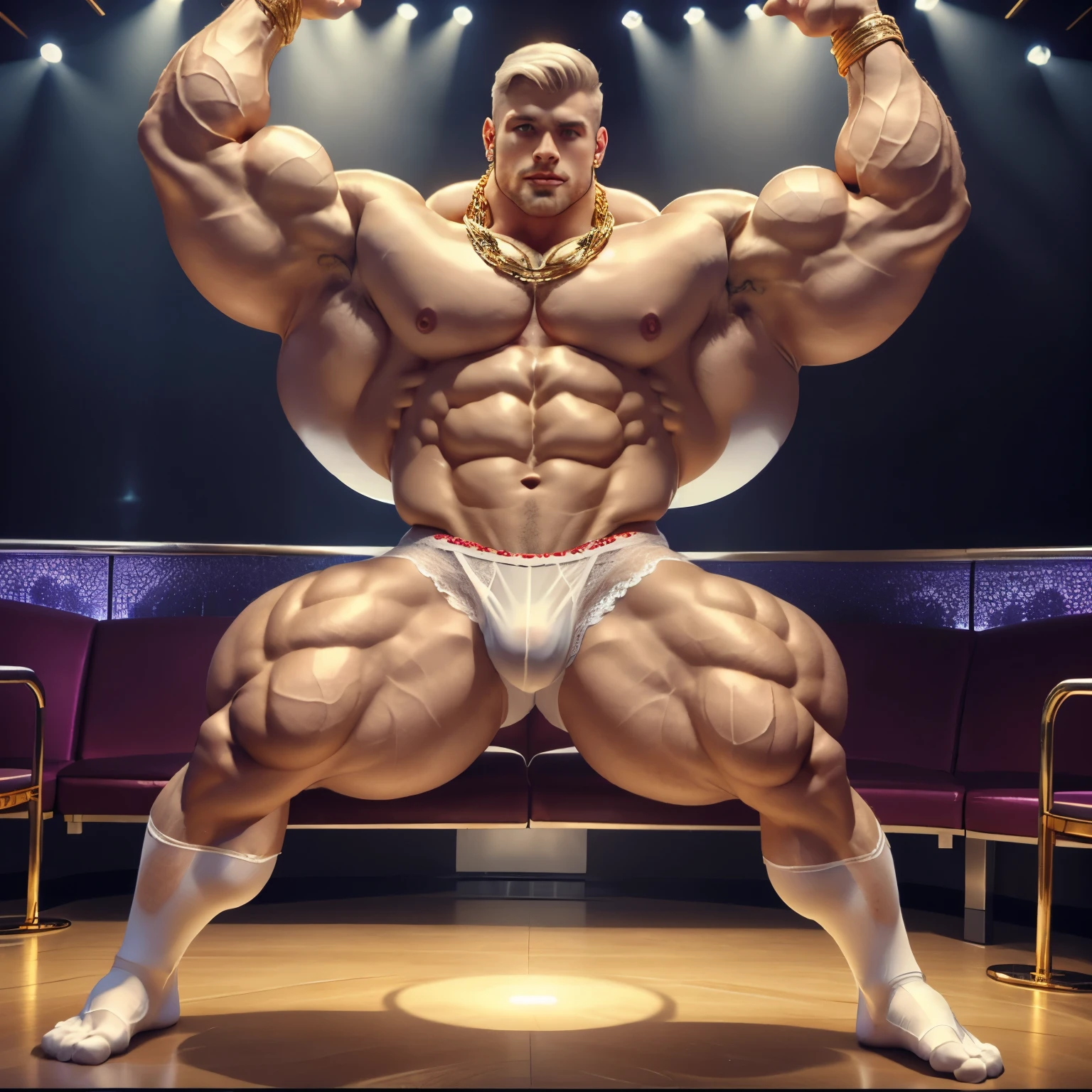 full body view, a professional white european handsome male bodybuilder in transparent white sheer lace underwear and white sheer lace socks, no shoes, pierced nipples with gold rings and chains, horny, bulge, posing in a nightclub. erotic pose. aroused