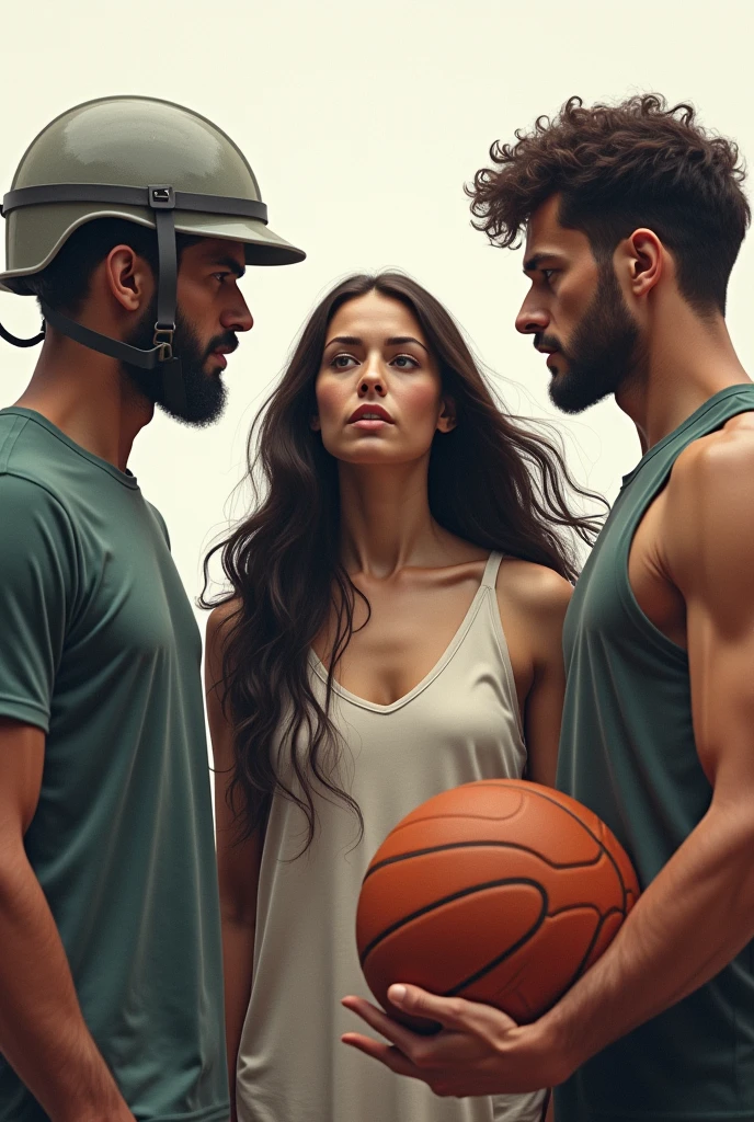 Two men, one wearing a helmet and the other holding a basketball, watching a woman with long hair
