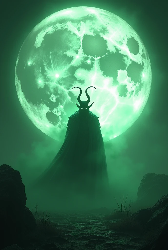 Super white moon with a green demon in the background
