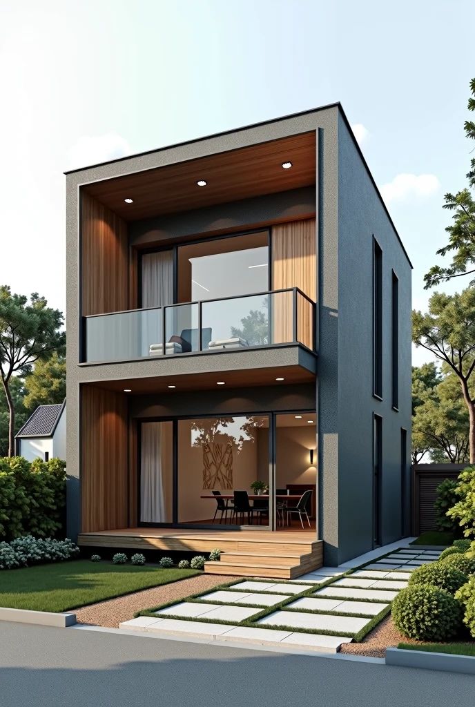Create an image of a two-story house measuring 7 meters wide by 6 meters high., a balcony on the top, a 3-leaf sliding door on the lower part, gray colors, Wood, spots on the balcony.