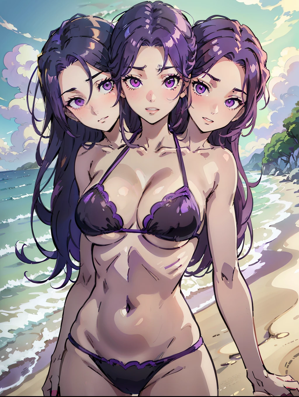 (masterpiece),(ultra-detailed), (high quality), (high resolution), (best quality:1.5, highres, UHD), highres, absurdo, ultra detail, ultra quality, Ultra resolution, 16k, 1girl, (3heads:1.5), girl with three heads, open chest wide, (underboob bikini), (stormy beach), headband, sexy bikini, (cleavage), long hair ((violet hair:1.5)), small grin, (magenta eyes)