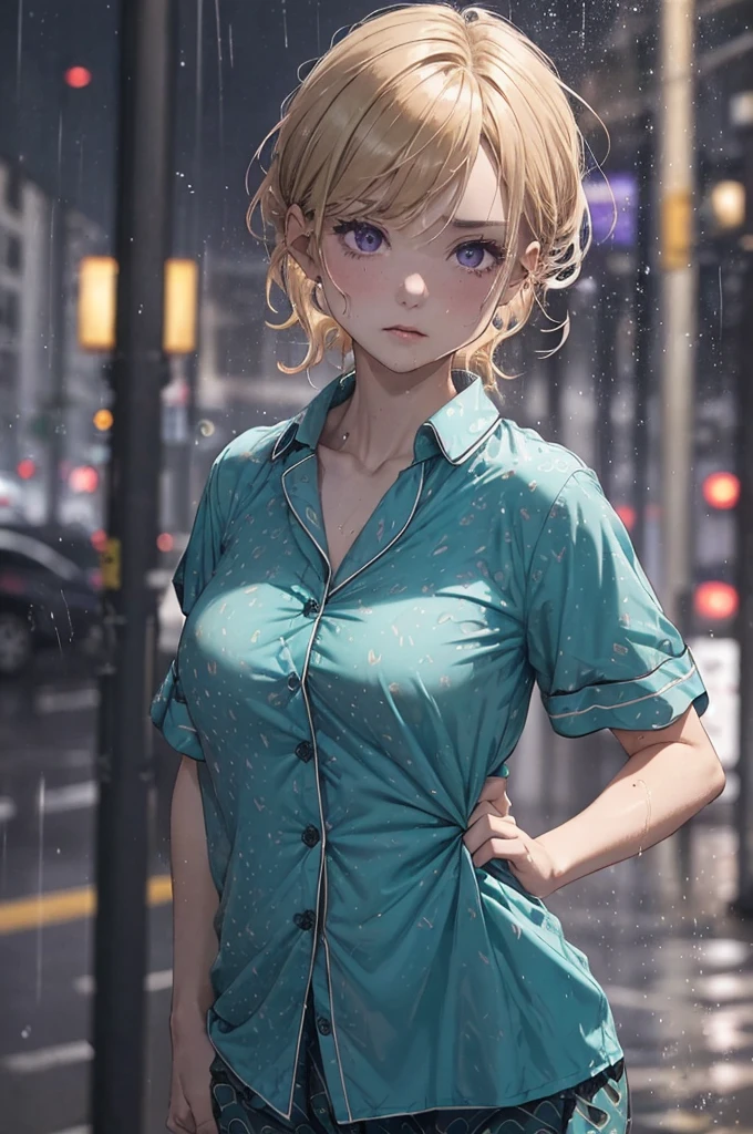 ((Teal coloured buttoned up pyjama shirt)), ((wearing nothing but her shirt, she is naked below her waist)), raining heavily, (patterned), outside, short caramel-blonde hair sticking to her face, sad but alluring purple eyes, teal coloured pyjama shirt, nighttime, almost naked, small breasts, in the streets, very dark night, soaking wet pyjama shirt, dark scene, flushed cheeks, braless, nipples pressing through, NSFW, groin, pubic area, bare legs, pelvis, short shirt, almost naked,