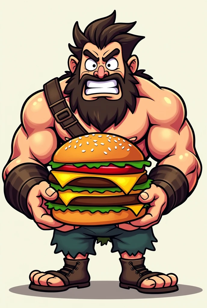 Make a picture of a barbarian holding a hamburger in a cartoon as if it were a hamburger shop logo