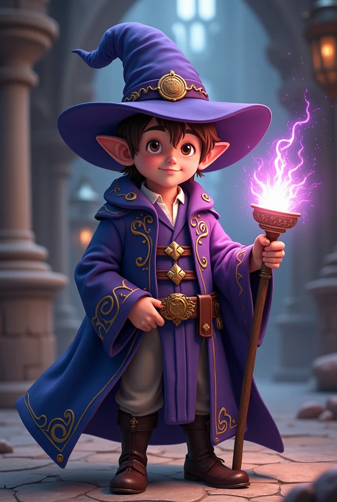 Young Gnome, Male Gnome, Young Sorcerer, Alchemist Sorcerer, alchemist, Brown hair, short hair, sideburns, short stature, pointed hat, Purple Hat, Wizard's Robe, Medieval Tunic, Magic Staff, anime, fancy, 4k, super detail