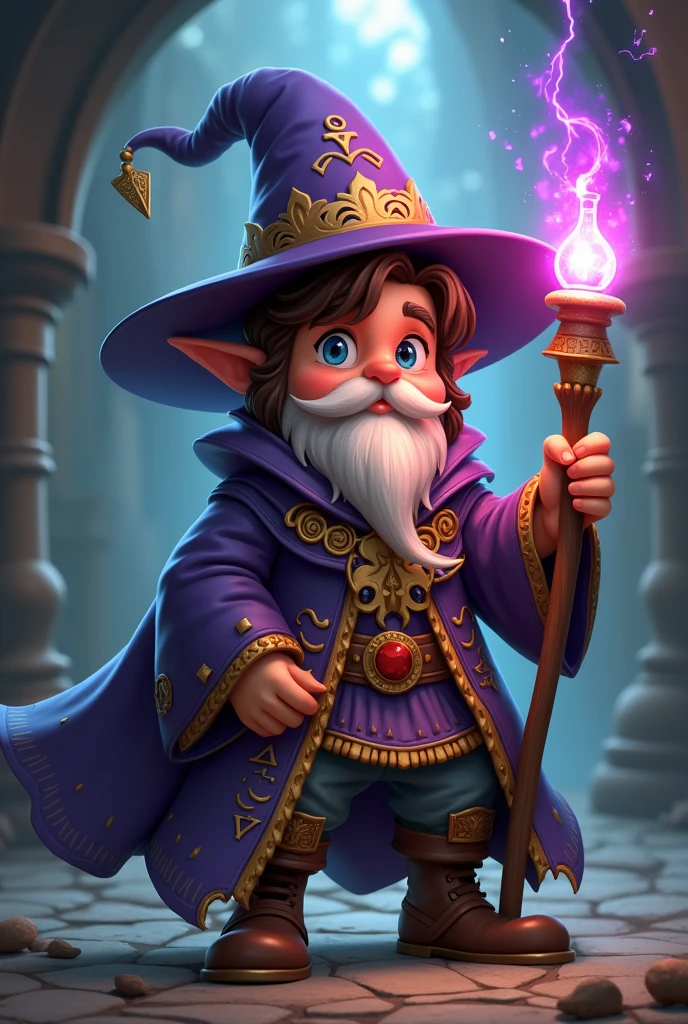 Young Gnome, Male Gnome, Young Sorcerer, Alchemist Sorcerer, alchemist, Brown hair, short hair, sideburns, short stature, pointed hat, Purple Hat, Wizard's Robe, Medieval Tunic, Magic Staff, anime, fancy, 4k, super detail